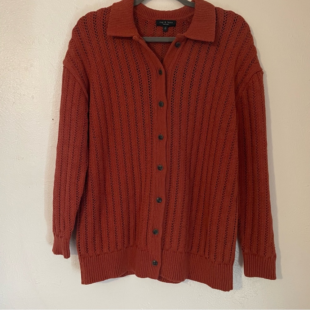 Rag And Bone Oversized Pointelle Knit Cardigan Burnished Orange Small